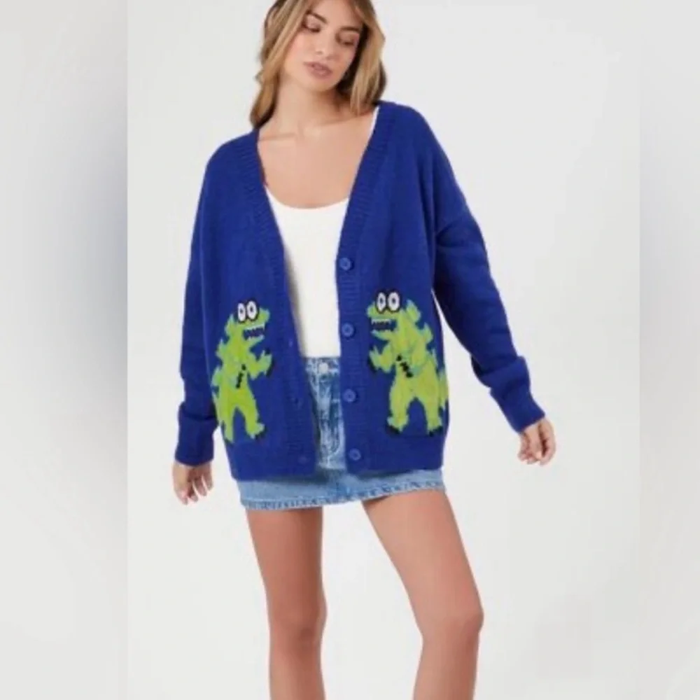 Forever 21 Blue Dinosaur Cardigan Y2K Graphic Oversized Knit Sweater Medium - Picture 2 of 6
